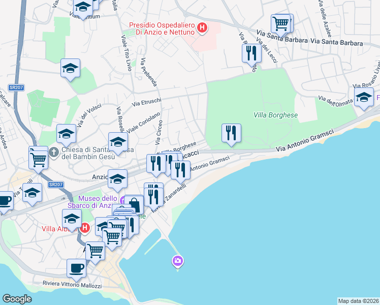 map of restaurants, bars, coffee shops, grocery stores, and more near 12 Via di Villa Borghese in Anzio