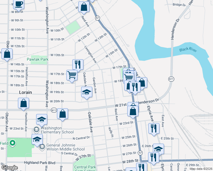 map of restaurants, bars, coffee shops, grocery stores, and more near 312 West 18th Street in Lorain