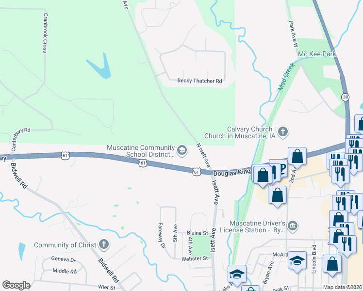 map of restaurants, bars, coffee shops, grocery stores, and more near 2720 North Isett Avenue in Muscatine