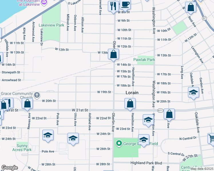 map of restaurants, bars, coffee shops, grocery stores, and more near 1219 West 18th Street in Lorain