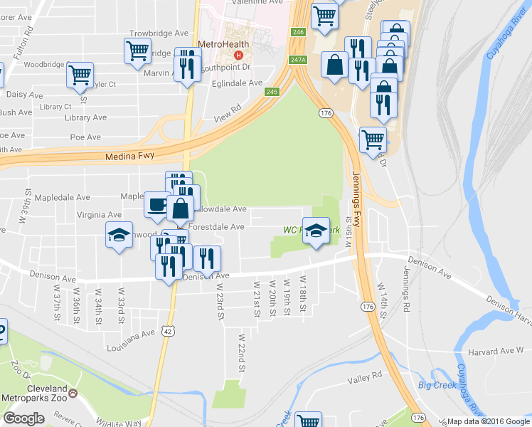 map of restaurants, bars, coffee shops, grocery stores, and more near 2003 Willowdale Avenue in Cleveland