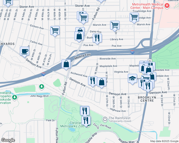 map of restaurants, bars, coffee shops, grocery stores, and more near 3709 West 42nd Street in Cleveland