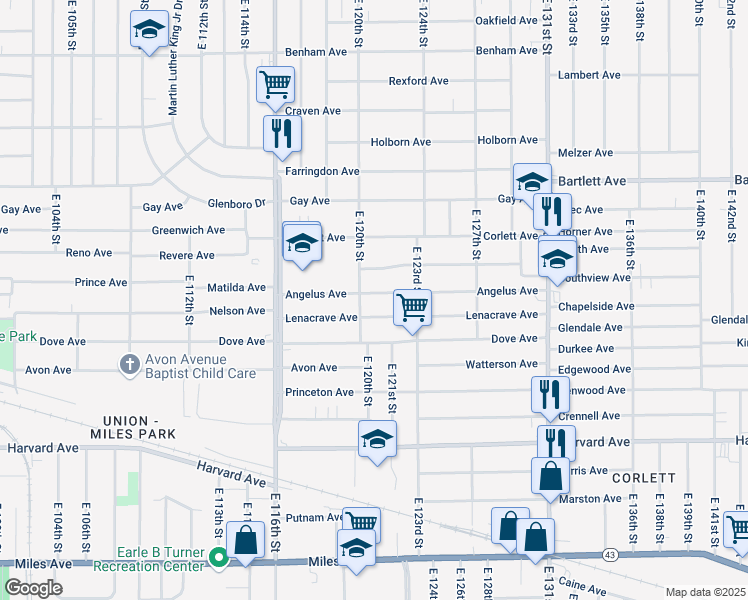 map of restaurants, bars, coffee shops, grocery stores, and more near 12017 Angelus Avenue in Cleveland