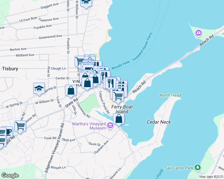 map of restaurants, bars, coffee shops, grocery stores, and more near 52 Beach Road in Tisbury
