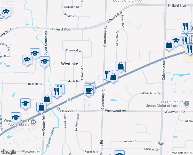 map of restaurants, bars, coffee shops, grocery stores, and more near 2360 Canterbury Road in Westlake