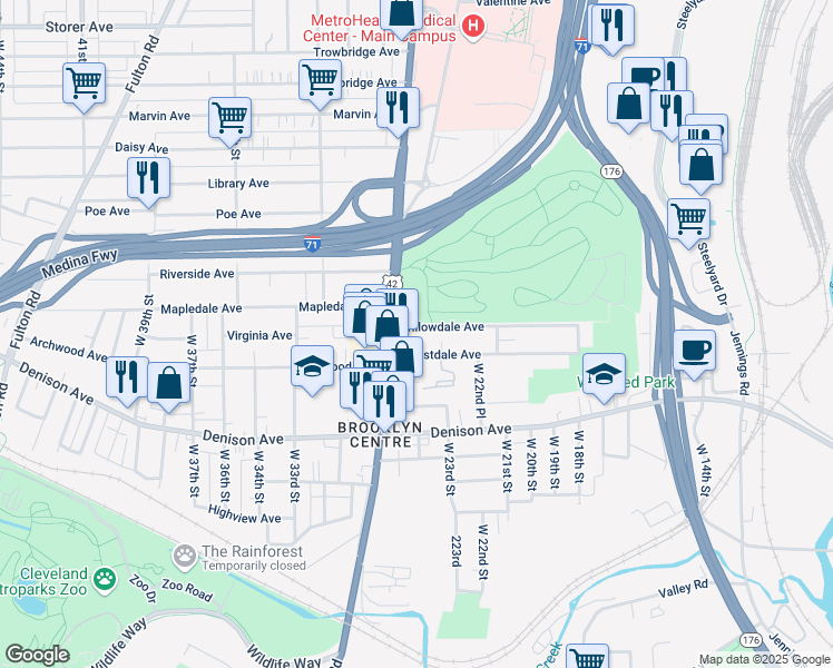map of restaurants, bars, coffee shops, grocery stores, and more near 2409 Willowdale Avenue in Cleveland