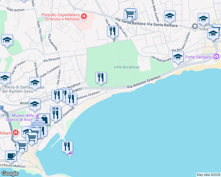 map of restaurants, bars, coffee shops, grocery stores, and more near 57 Via dei Pini in Nettuno