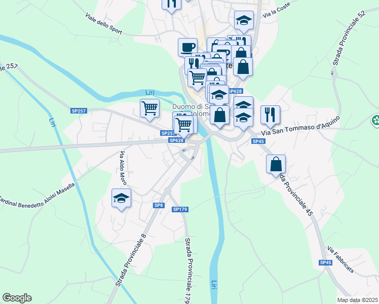 map of restaurants, bars, coffee shops, grocery stores, and more near 108 Strada Provinciale Leuciana in Pontecorvo