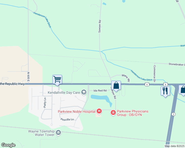 map of restaurants, bars, coffee shops, grocery stores, and more near 1890 Raleigh Avenue in Kendallville