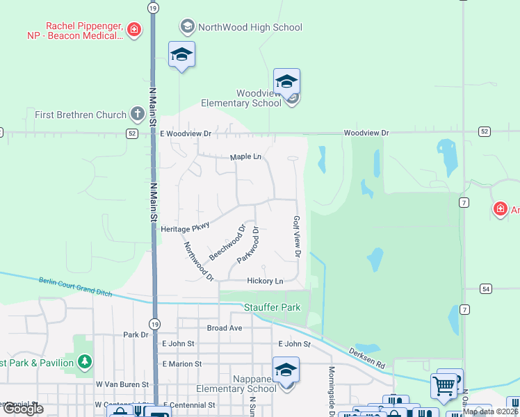 map of restaurants, bars, coffee shops, grocery stores, and more near 506 Heritage Pkwy in Nappanee
