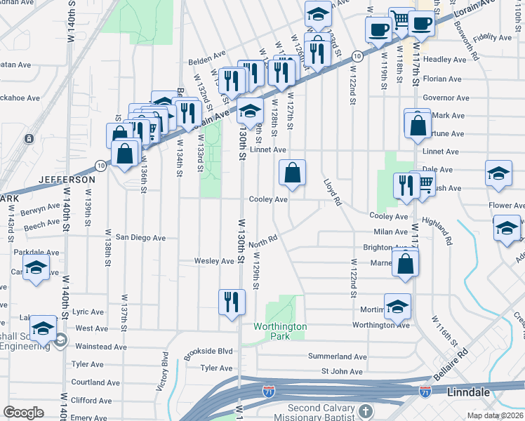 map of restaurants, bars, coffee shops, grocery stores, and more near 3623 West 129th Street in Cleveland