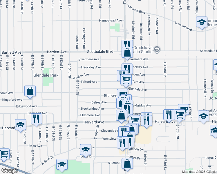 map of restaurants, bars, coffee shops, grocery stores, and more near 16300 Talford Avenue in Cleveland