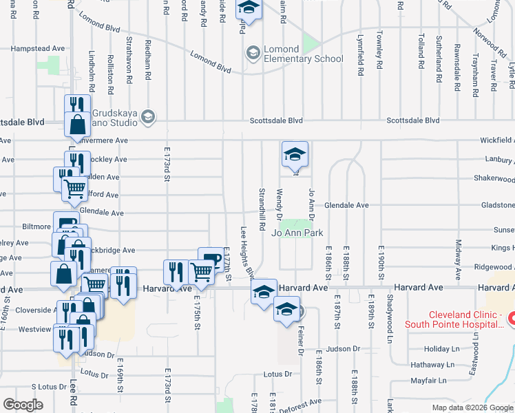 map of restaurants, bars, coffee shops, grocery stores, and more near 3866 Strandhill Road in Cleveland