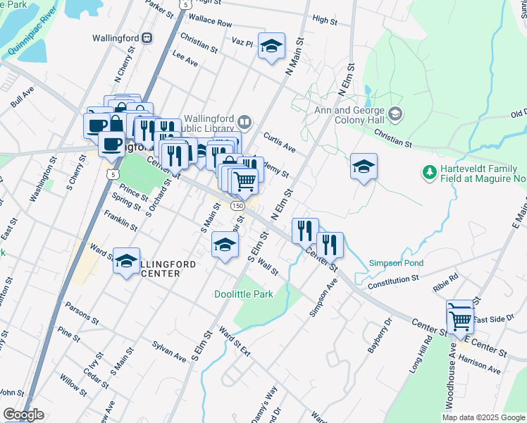 map of restaurants, bars, coffee shops, grocery stores, and more near 398 Center Street in Wallingford