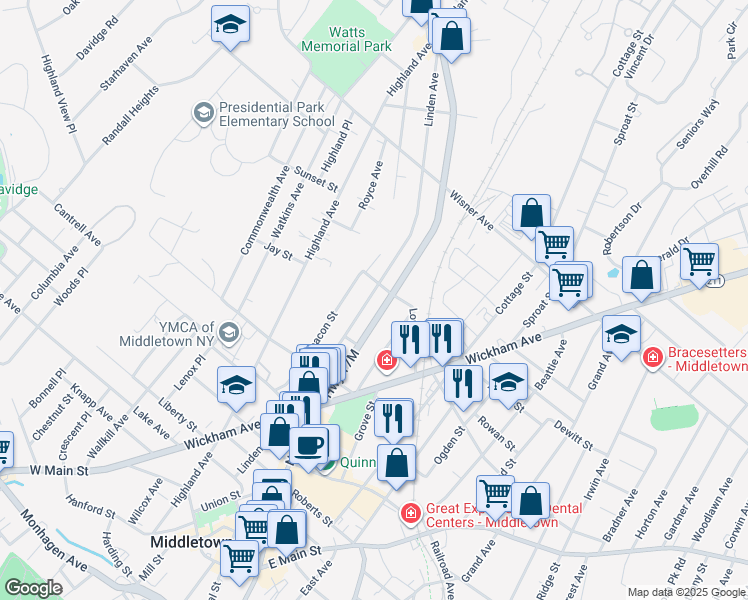 map of restaurants, bars, coffee shops, grocery stores, and more near 128 Linden Avenue in Middletown