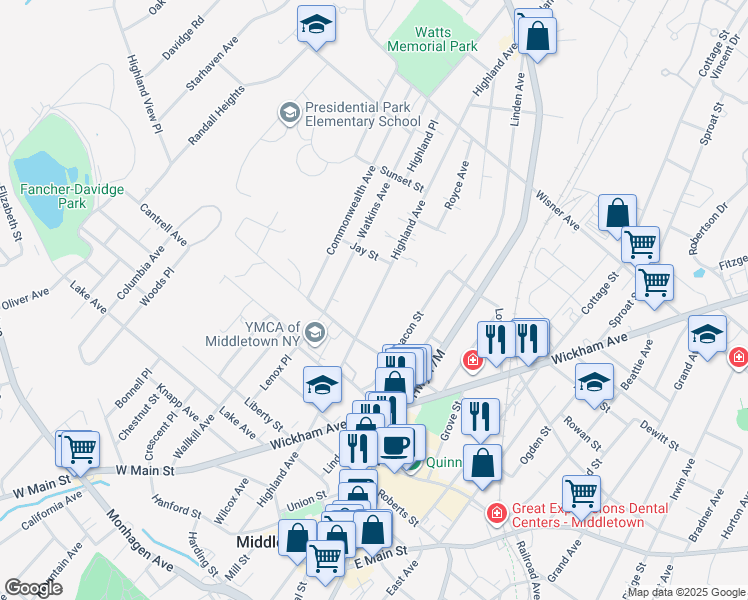 map of restaurants, bars, coffee shops, grocery stores, and more near 119 Highland Avenue in Middletown