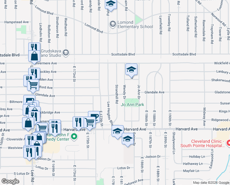 map of restaurants, bars, coffee shops, grocery stores, and more near 3866 Strandhill Road in Cleveland