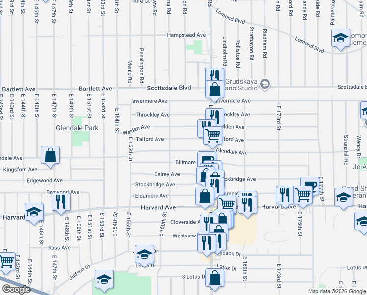 map of restaurants, bars, coffee shops, grocery stores, and more near 16300 Talford Avenue in Cleveland