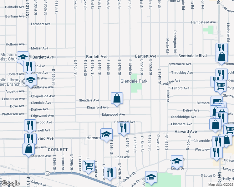 map of restaurants, bars, coffee shops, grocery stores, and more near 3882 East 147th Street in Cleveland