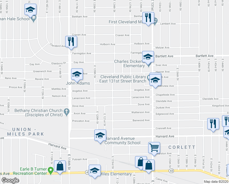 map of restaurants, bars, coffee shops, grocery stores, and more near 3852 East 123rd Street in Cleveland
