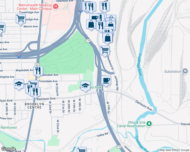 map of restaurants, bars, coffee shops, grocery stores, and more near 3694 West 15th Street in Cleveland