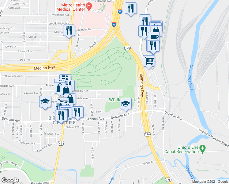 map of restaurants, bars, coffee shops, grocery stores, and more near 1805 Willowdale Avenue in Cleveland