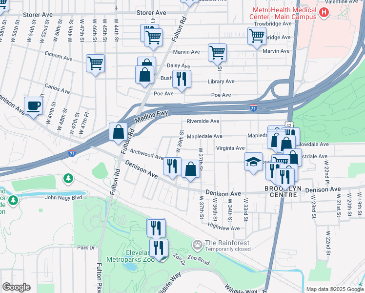 map of restaurants, bars, coffee shops, grocery stores, and more near 3710 West 39th Street in Cleveland
