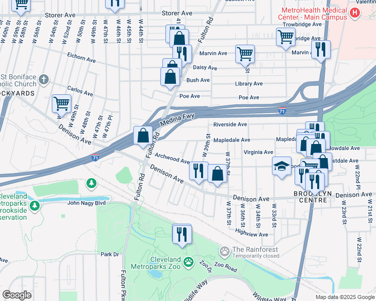 map of restaurants, bars, coffee shops, grocery stores, and more near 3709 West 42nd Street in Cleveland