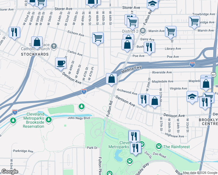 map of restaurants, bars, coffee shops, grocery stores, and more near 4499 Archwood Ave in Cleveland