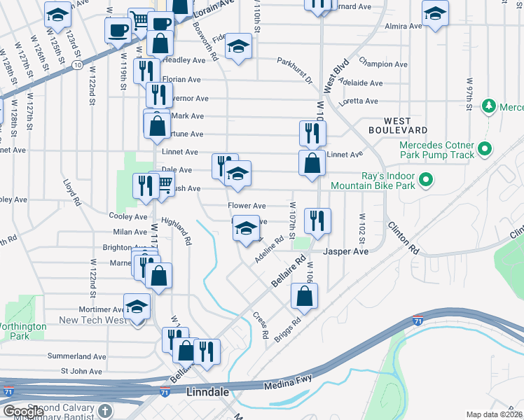 map of restaurants, bars, coffee shops, grocery stores, and more near 10820 Flower Avenue in Cleveland