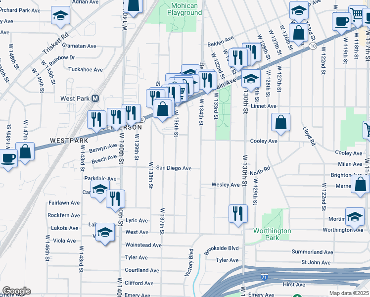 map of restaurants, bars, coffee shops, grocery stores, and more near 3683 West 135th Street in Cleveland