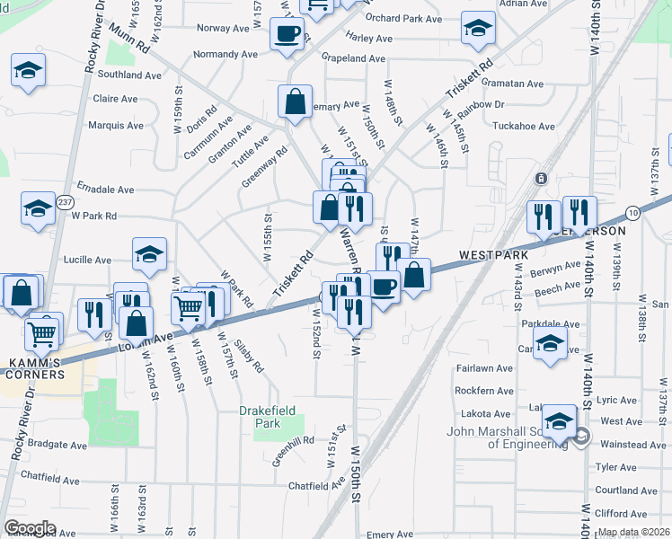 map of restaurants, bars, coffee shops, grocery stores, and more near 15026 Merrimeade Drive in Cleveland
