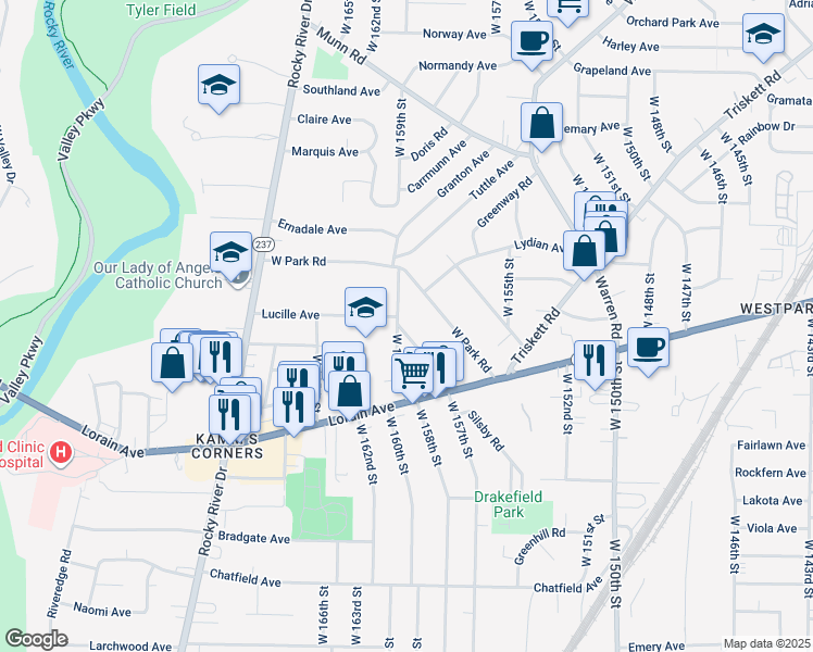 map of restaurants, bars, coffee shops, grocery stores, and more near 3653 West 159th Street in Cleveland