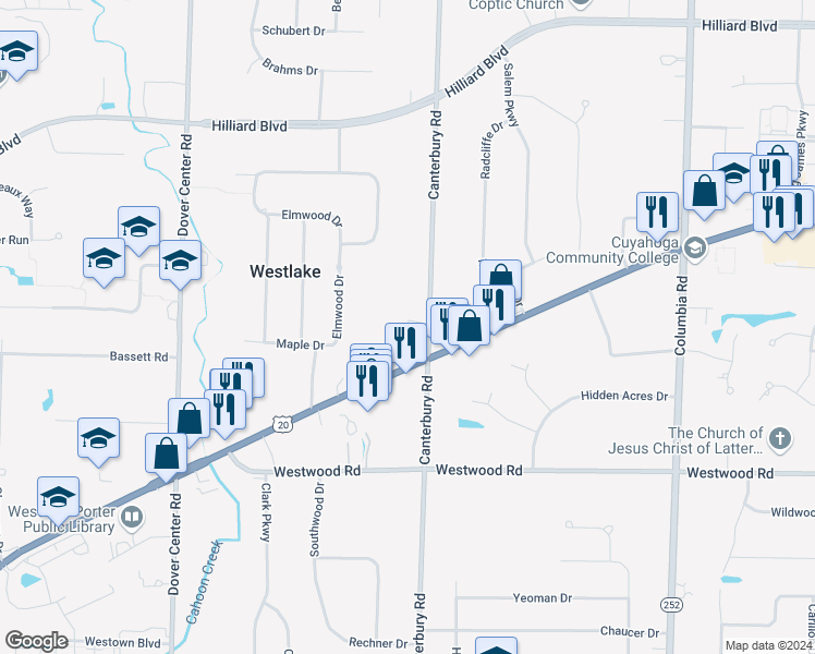 map of restaurants, bars, coffee shops, grocery stores, and more near 2360 Canterbury Road in Westlake