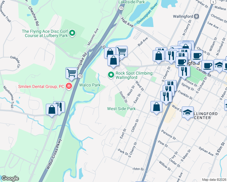 map of restaurants, bars, coffee shops, grocery stores, and more near 46 South Street in Wallingford