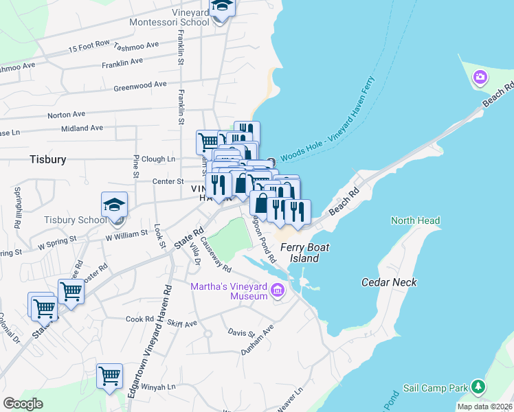 map of restaurants, bars, coffee shops, grocery stores, and more near 13 Beach Street in Tisbury