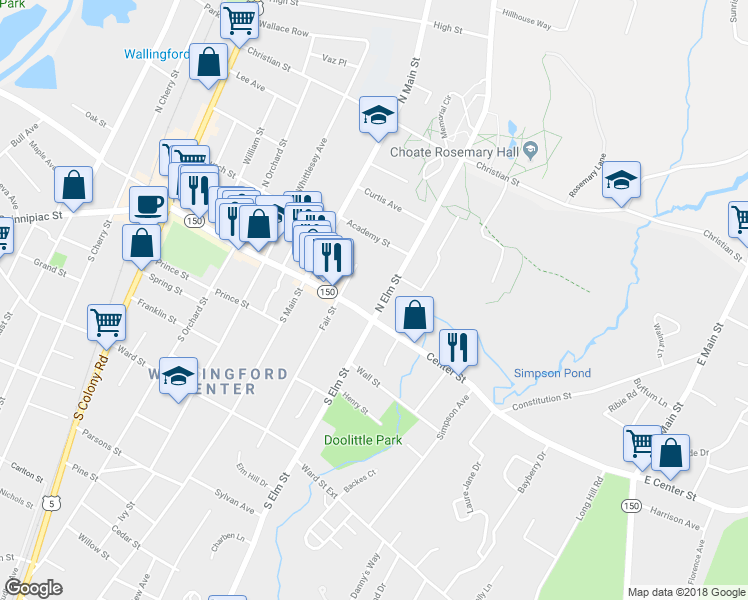 map of restaurants, bars, coffee shops, grocery stores, and more near 12 North Elm Street in Wallingford