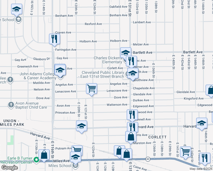 map of restaurants, bars, coffee shops, grocery stores, and more near 12705 Angelus Avenue in Cleveland