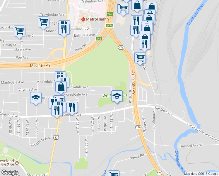 map of restaurants, bars, coffee shops, grocery stores, and more near 1805 Willowdale Avenue in Cleveland