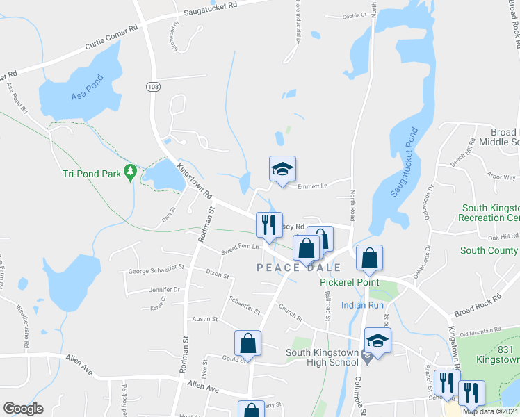 map of restaurants, bars, coffee shops, grocery stores, and more near 1343 Kingstown Road in South Kingstown