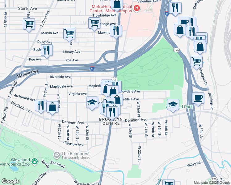 map of restaurants, bars, coffee shops, grocery stores, and more near 2409 Willowdale Avenue in Cleveland