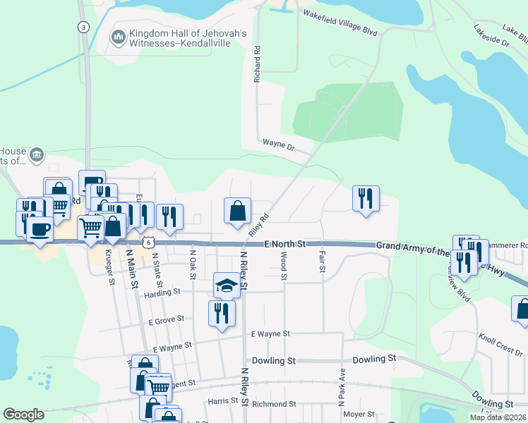 map of restaurants, bars, coffee shops, grocery stores, and more near 408 Haley Drive in Kendallville