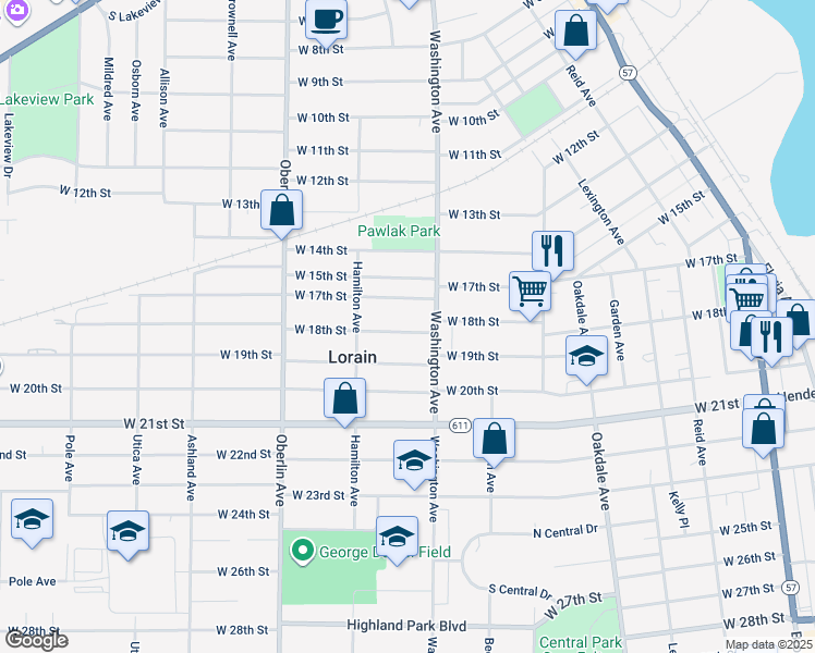 map of restaurants, bars, coffee shops, grocery stores, and more near 1022 West 18th Street in Lorain