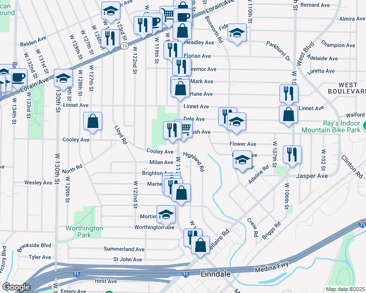 map of restaurants, bars, coffee shops, grocery stores, and more near 3645 West 117th Street in Cleveland