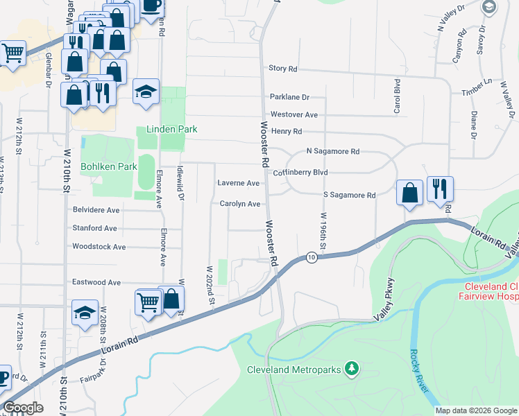 map of restaurants, bars, coffee shops, grocery stores, and more near 19982 Carolyn Avenue in Rocky River