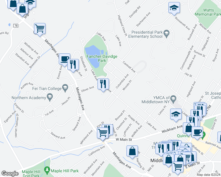 map of restaurants, bars, coffee shops, grocery stores, and more near 104 Lake Avenue in Middletown