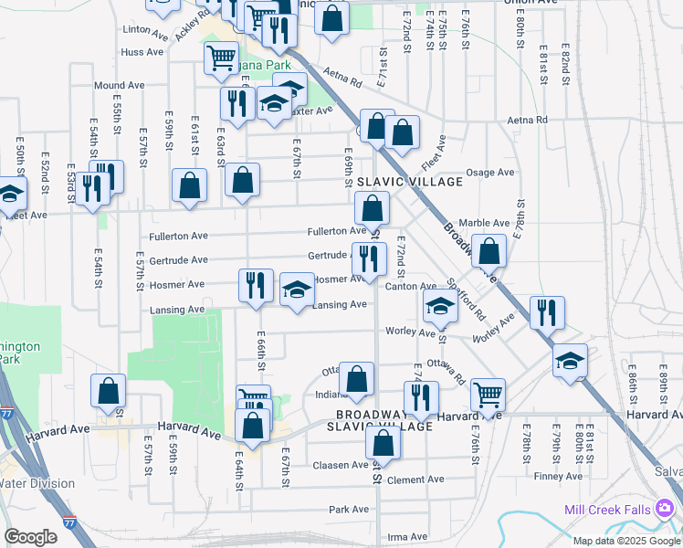 map of restaurants, bars, coffee shops, grocery stores, and more near 6916 Gertrude Avenue in Cleveland