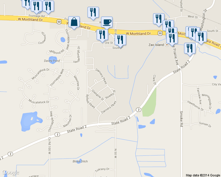 map of restaurants, bars, coffee shops, grocery stores, and more near 1579 Danvers Parkway in Valparaiso