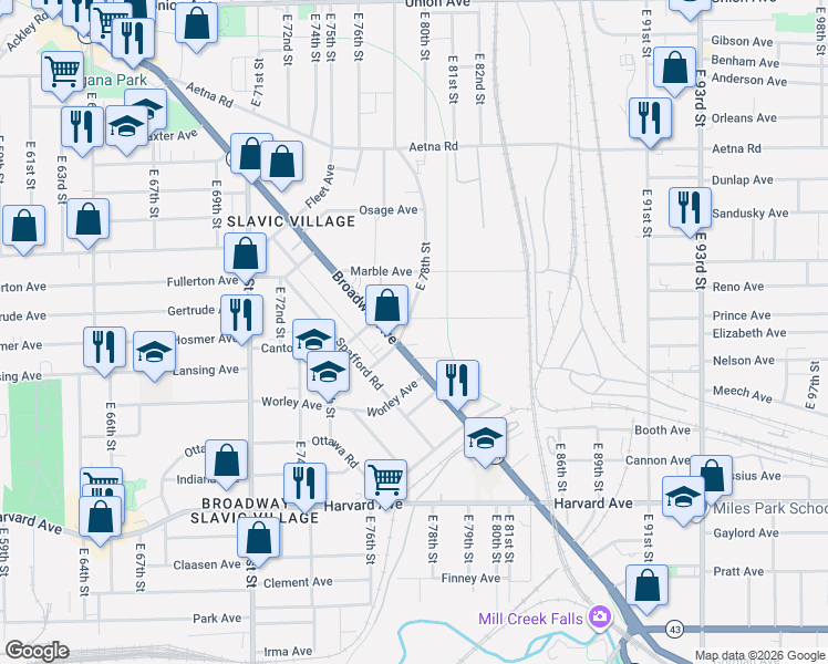 map of restaurants, bars, coffee shops, grocery stores, and more near 3844 East 78th Street in Cleveland