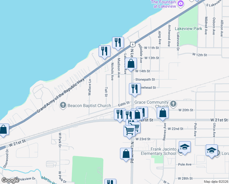 map of restaurants, bars, coffee shops, grocery stores, and more near 1801 Nichols Avenue in Lorain